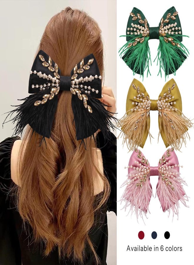 CROWN GUIDE Large Hair Bows Clips for Women Girls Silk Satin Hair Barrettes, Feather Coquette Bows Hair Ties Ribbon Bow Claw Clip Hair Accessories with Pearl Crystal Black - Image 2