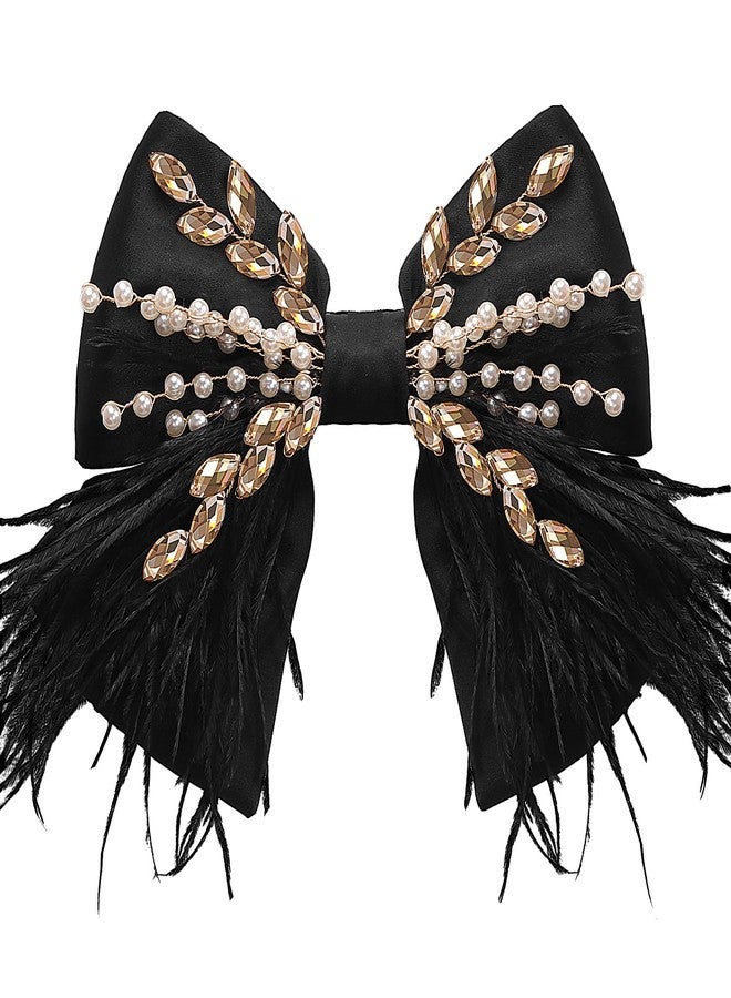 CROWN GUIDE Large Hair Bows Clips for Women Girls Silk Satin Hair Barrettes, Feather Coquette Bows Hair Ties Ribbon Bow Claw Clip Hair Accessories with Pearl Crystal Black - Image 1