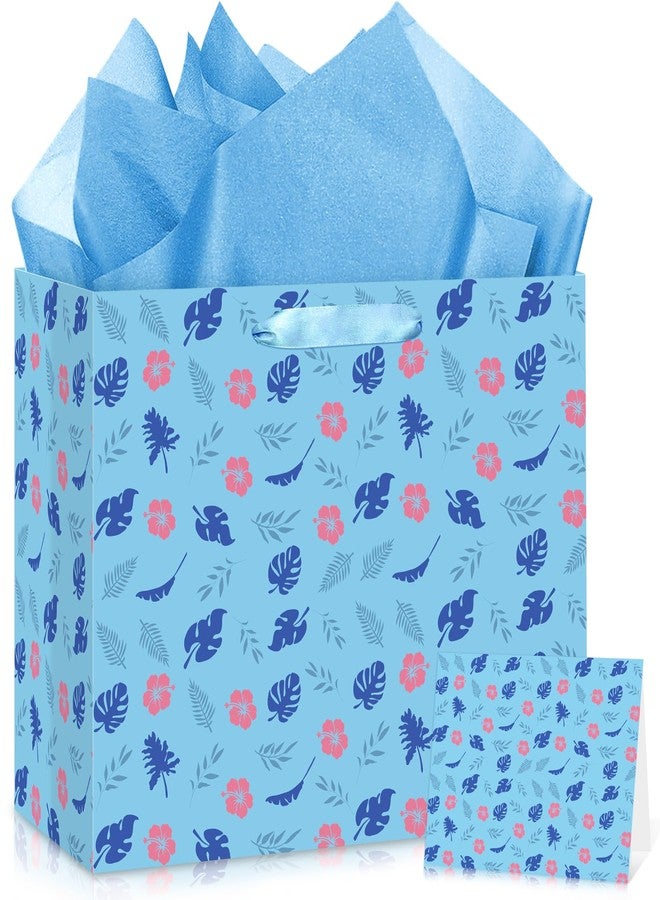 Wayyogh Hawaiian Gift Bag Cute Cartoon Blue Pink Hibiscus Party Gift Bags with Wrapping Tissue Paper and Greeting Card Hawaiian Wrapping Paper for Birthday Baby Shower Holiday Party Supplies - Image 1
