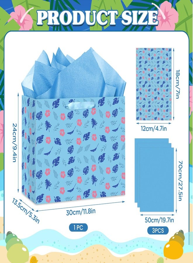 Wayyogh Hawaiian Gift Bag Cute Cartoon Blue Pink Hibiscus Party Gift Bags with Wrapping Tissue Paper and Greeting Card Hawaiian Wrapping Paper for Birthday Baby Shower Holiday Party Supplies - Image 2