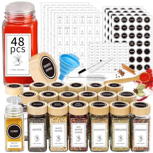 Aliggbent Spice Jars with Lable 48 Pcs 4 oz Glass Spice Jars with Bamboo Lids Spice Containers Bottles Glass Seasoning Jars with Shaker Lids Collapsible Funnel for Spice Racks PantryCupboard