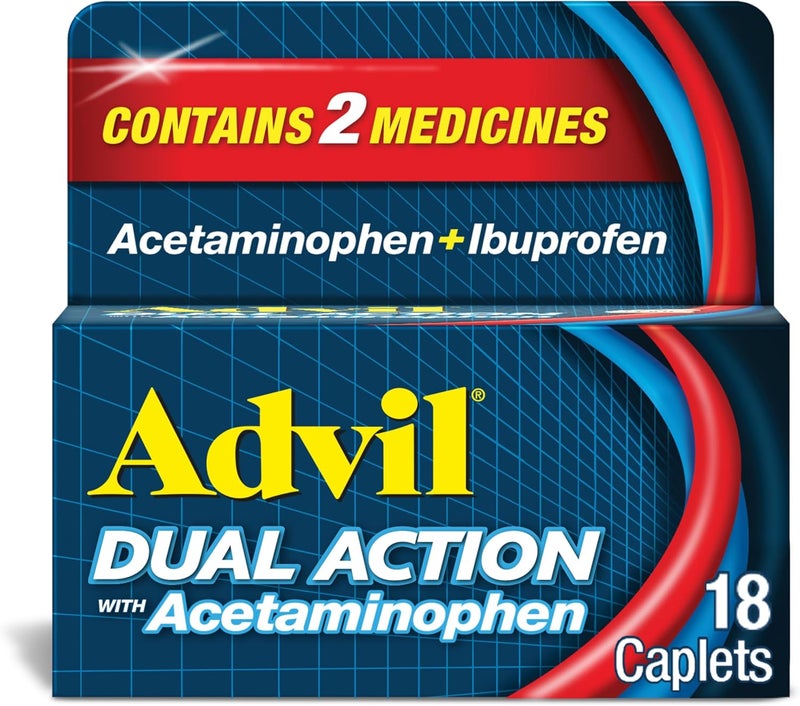 Advil Dual Action Coated Caplets with Acetaminophen, 250 Mg Ibuprofen and 500 Mg Acetaminophen Per Dose (2 Dose Equivalent) for 8 Hour Pain Relief - 18 Count