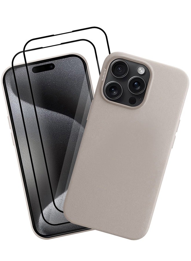 3 Packs For iPhone 15 Pro Leather Case and 2 Screen Protectors Compatible with Magsafe Anti-Scratch Leather Case Shockproof Drop Proof Protective Slim Case Titanium