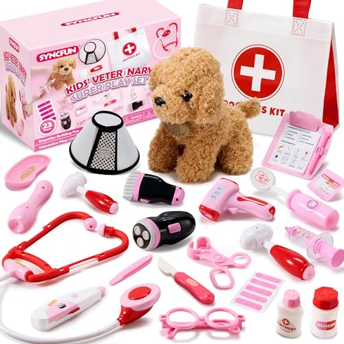 SYNCFUN Doctor Kit for Girls, 22 PCS Veterinarian Playset for Kids, Vet Kit with Dog Toy, Stethoscope, Storage Bag and Accessories, Role Play for Toddlers 3 4 5 6, Christmas and Birthday Gifts - Image 1