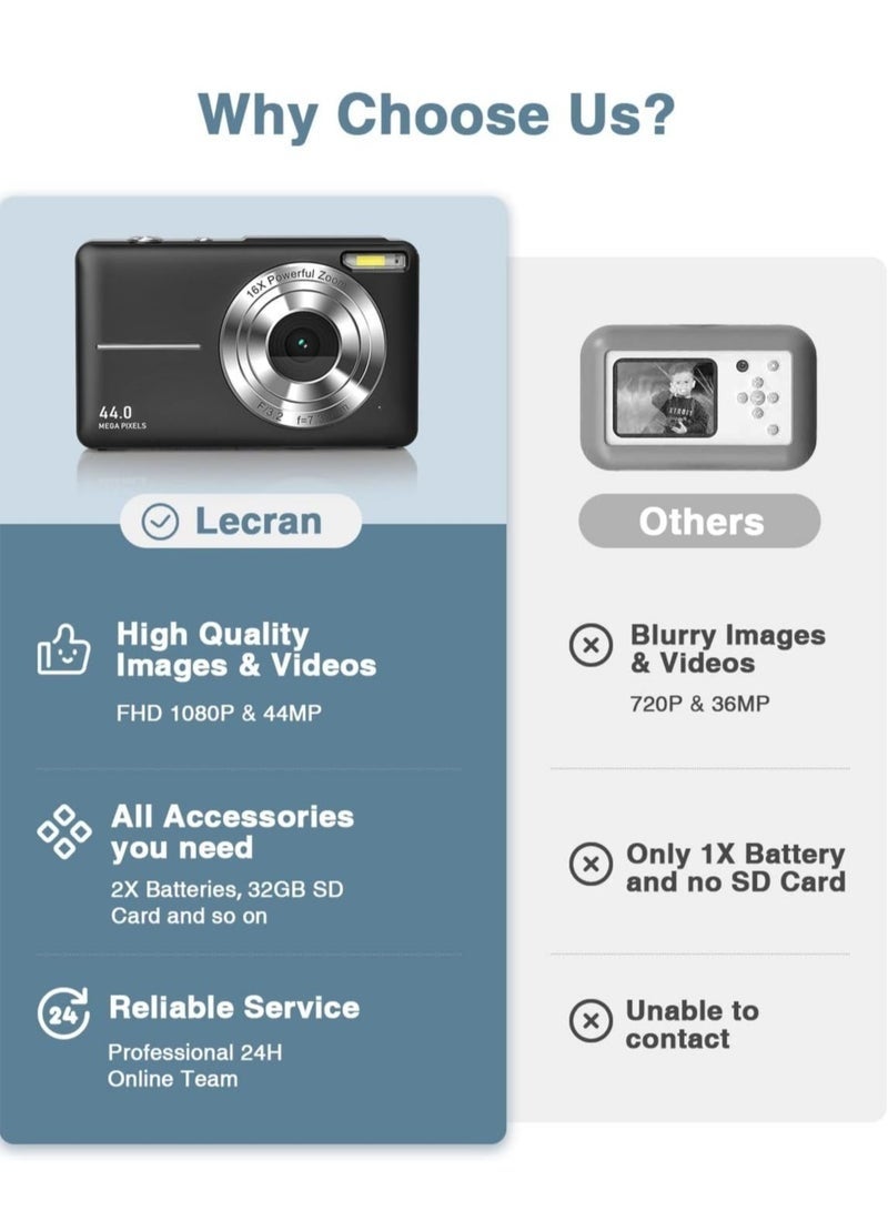 Digisand Digital Camera, 44MP FHD 1080P Kids Camera with 16X Zoom Anti-shake, 64GB Memory Card,  Mini Compact Camera for Boys/Girls (Black) - Image 2