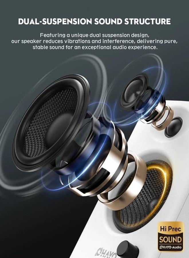 OHAYO 60W Computer Speakers for Gaming and Music, Active Bluetooth 5.3, Stereo 2.0 Speakers for Desktop PC or Laptop, Surround Sound Speaker, 3.5 mm Aux RCA Input, USB-Powered, 1 Pair, White - Image 3