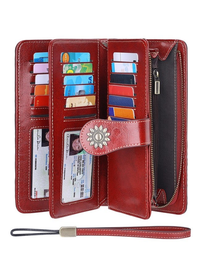 Lavemi Womens Large Capacity Genuine Leather Rfid Blocking Wallets Wristlet Clutch Card Holder(Dark Red) - Image 1