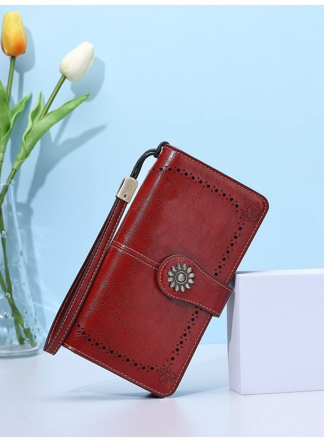 Lavemi Womens Large Capacity Genuine Leather Rfid Blocking Wallets Wristlet Clutch Card Holder(Dark Red) - Image 2