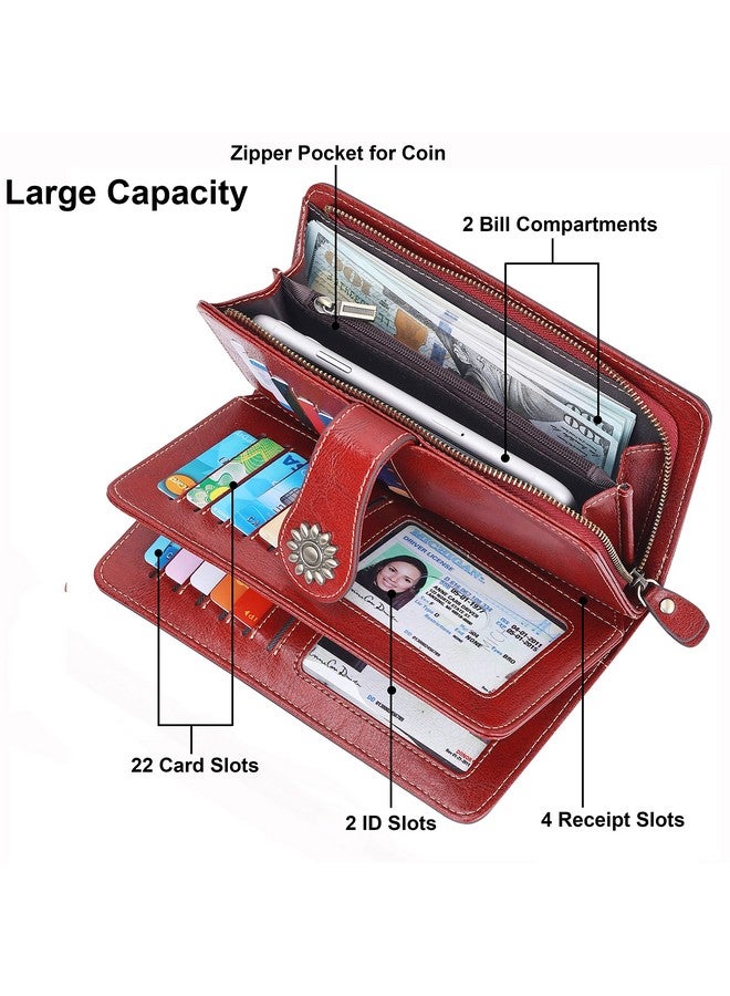 Lavemi Womens Large Capacity Genuine Leather Rfid Blocking Wallets Wristlet Clutch Card Holder(Dark Red) - Image 5