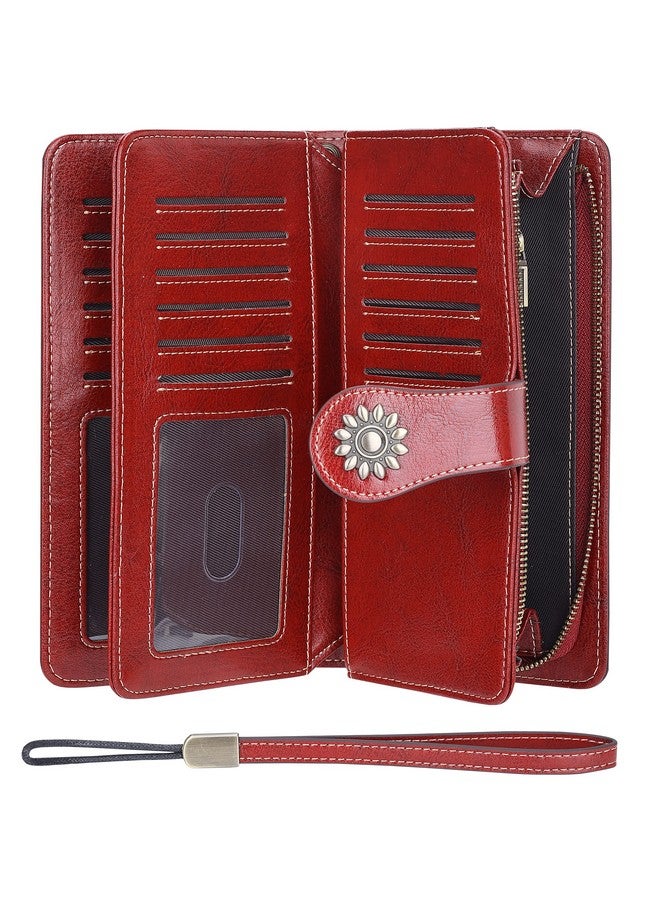 Lavemi Womens Large Capacity Genuine Leather Rfid Blocking Wallets Wristlet Clutch Card Holder(Dark Red) - Image 3