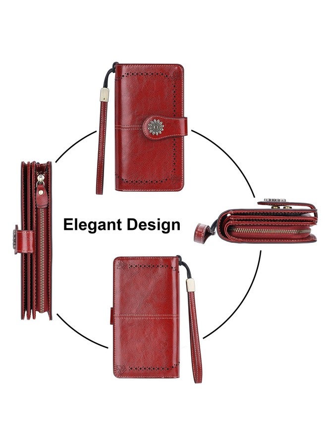 Lavemi Womens Large Capacity Genuine Leather Rfid Blocking Wallets Wristlet Clutch Card Holder(Dark Red) - Image 4