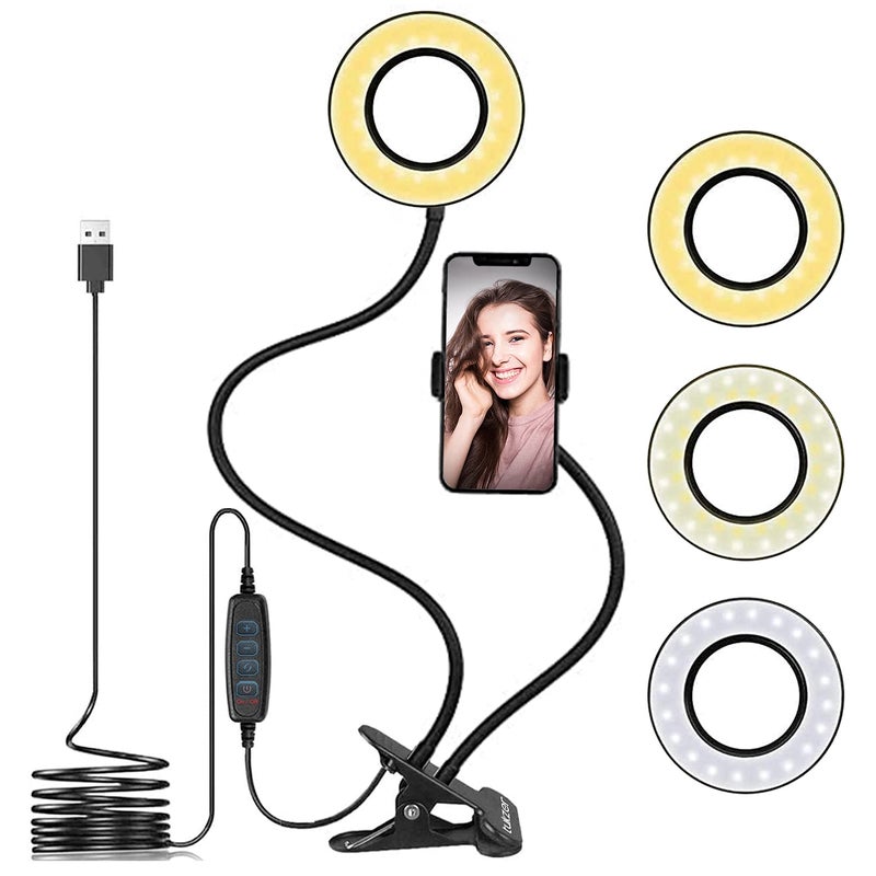 tuKZer 3.5" LED Selfie Ring Light with Phone Holder |Flexible Arm Desk Mount Clamp for Live Stream, Makeup, Online Meetings, Recording, Photography, USB Reading Light | 3 Color 10 Brightness Level - Image 1