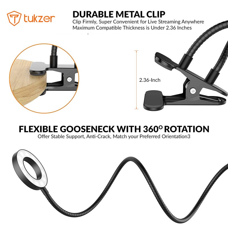 tuKZer 3.5" LED Selfie Ring Light with Phone Holder |Flexible Arm Desk Mount Clamp for Live Stream, Makeup, Online Meetings, Recording, Photography, USB Reading Light | 3 Color 10 Brightness Level - Image 3