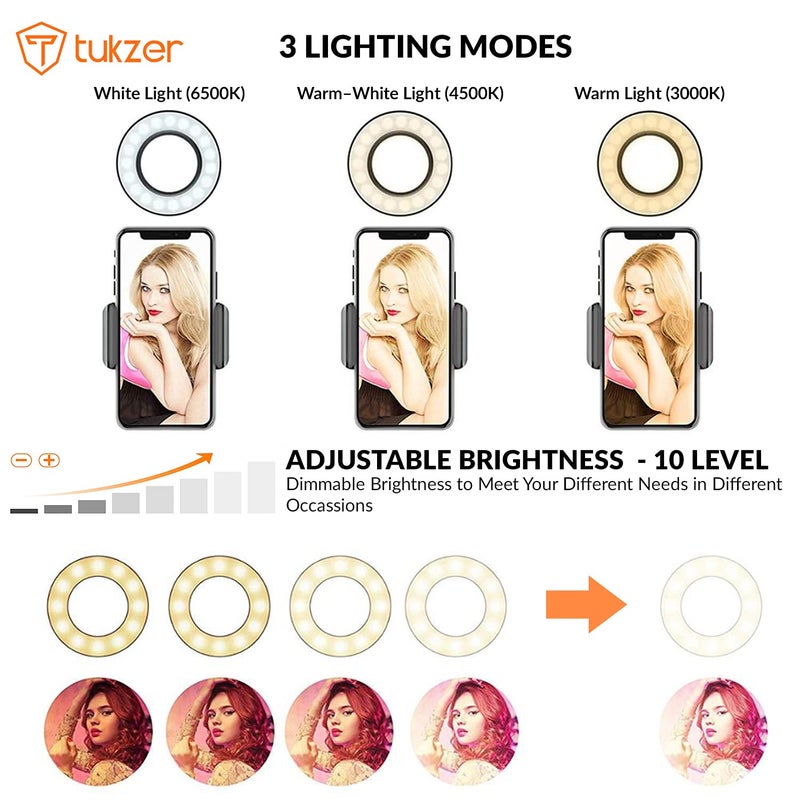 tuKZer 3.5" LED Selfie Ring Light with Phone Holder |Flexible Arm Desk Mount Clamp for Live Stream, Makeup, Online Meetings, Recording, Photography, USB Reading Light | 3 Color 10 Brightness Level - Image 2