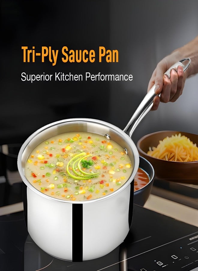 WEKTU 14cm Triply Stainless Steel Saucepan (1.1L) | Multipurpose Cooking Pot for Milk, Sauces & Soups | Induction Friendly - Image 3