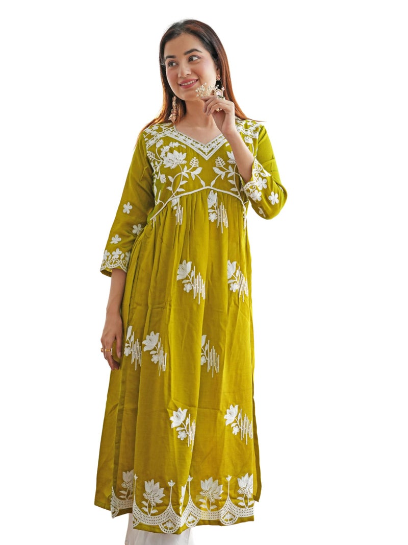 EthnicJunction Women's Chikankari Embroidered A-Line Naira Cut Midi Dress Mehendi, Small - Image 1