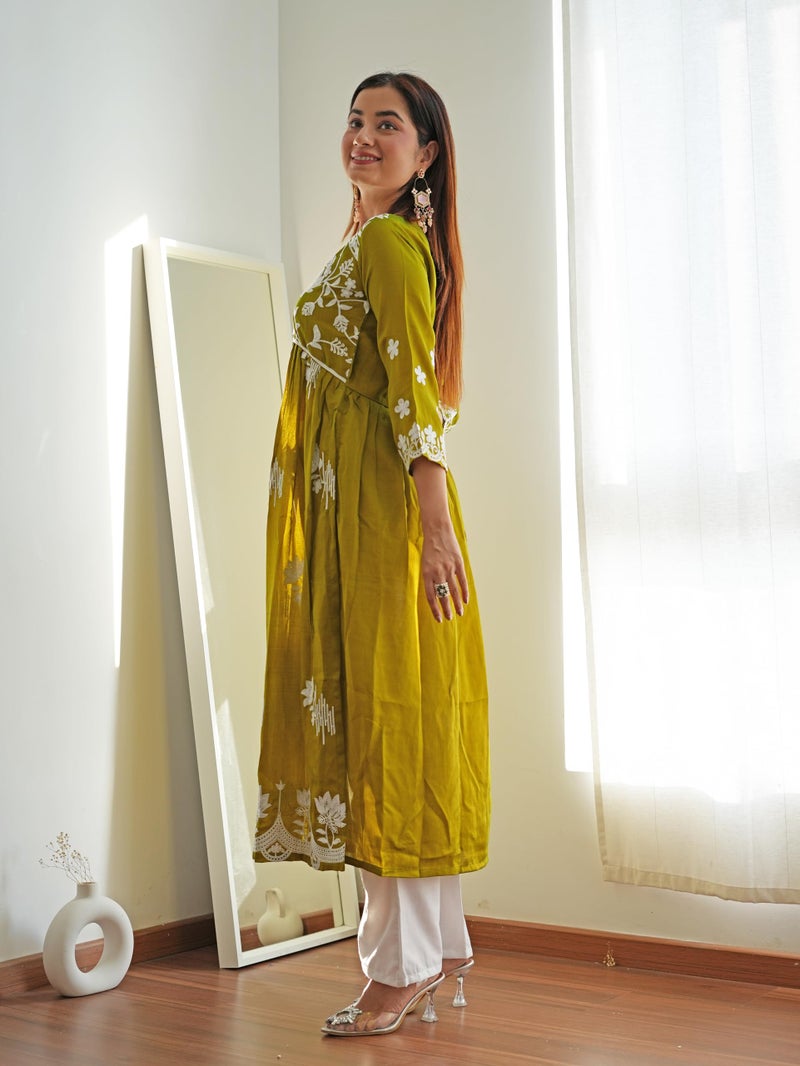 EthnicJunction Women's Chikankari Embroidered A-Line Naira Cut Midi Dress Mehendi, Small - Image 3