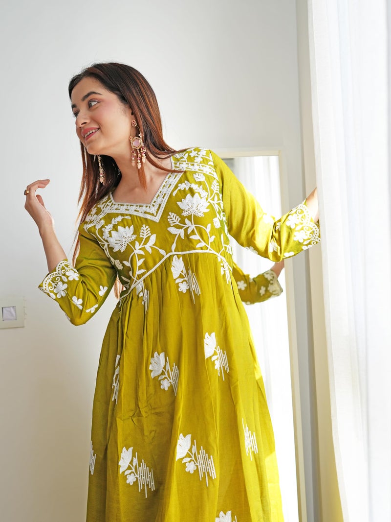 EthnicJunction Women's Chikankari Embroidered A-Line Naira Cut Midi Dress Mehendi, Small - Image 2