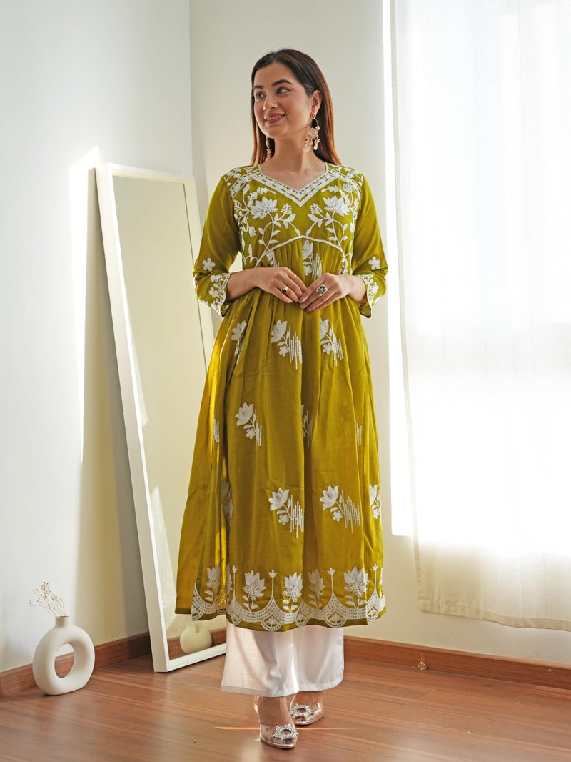 EthnicJunction Women's Chikankari Embroidered A-Line Naira Cut Midi Dress Mehendi, Small - Image 4