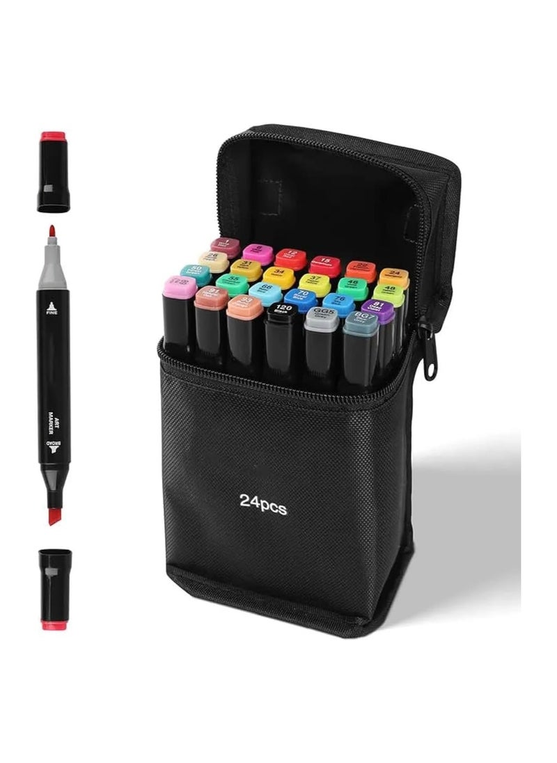 Generic 24 Pcs Art Marker Pen Set Dual Tips Blender Drawing Permanent Sketch Kids Adult Coloring Based Markers Artist Supplies For Coloring Pens Projects Marker Tip Sketching Paint With Carry  - Image 1
