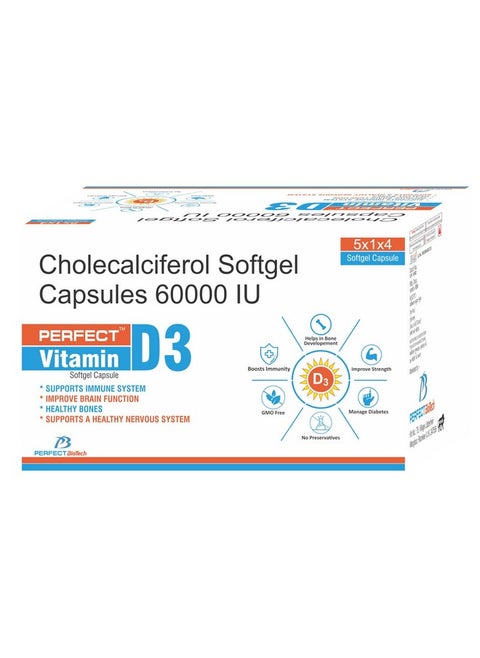 Calcigen D3 (Vitamin D3 - Cholecalciferol) 60000 Iu - Pack Of 5 * 4 Capsules, Once A Week (4)