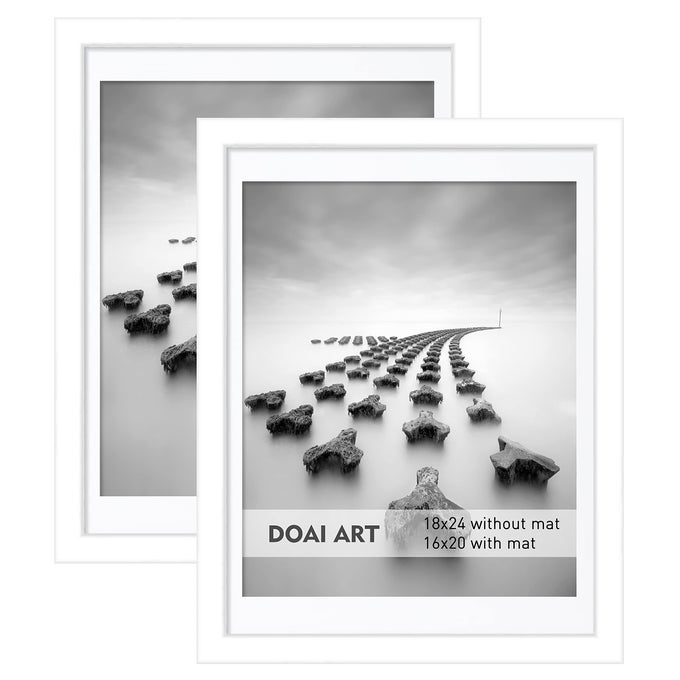 18X24 POSTER FRAME WHITE 2 PACK WITHOUT MAT FOR DISPLAYING 16X20 POSTERS WITH MAT POLISHED PLEXIGLASS FOR WALL VERTICALLY OR HORIZONTALLY DISPLAY WALL MOUNTING HARDWARE INCLUDED