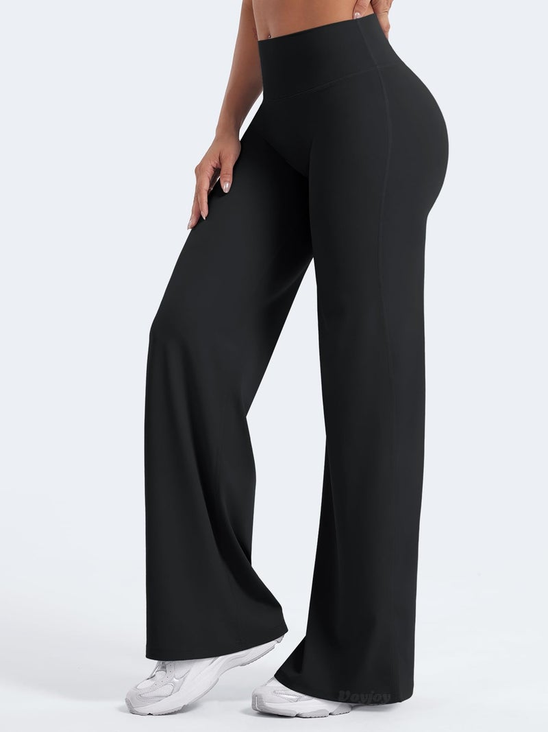 VOYJOY Straight Leggings Bottoms Wide Leg Pants for Women 29"/ 31.5"/33"/35" High Waist Stretch Casual Sweatpants Black - Image 4