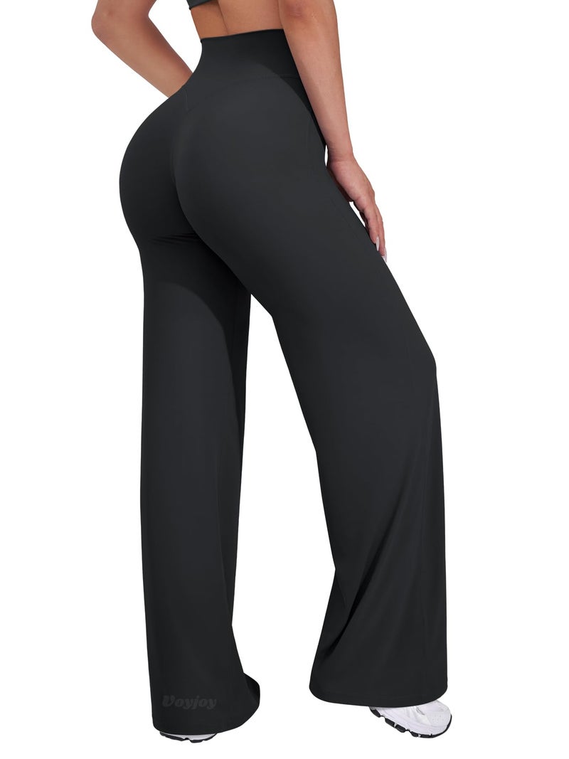 VOYJOY Straight Leggings Bottoms Wide Leg Pants for Women 29"/ 31.5"/33"/35" High Waist Stretch Casual Sweatpants Black - Image 1