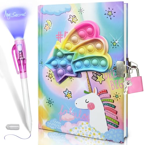 GINMLYDA Pop Girls Diary with Lock and Invisible Ink Doubleend Pen 75x54 Inches 160 Lined Pages Fidget Unicorn Girls Journal for Kids Secret Notebook Pen Set Birthday Gifts for Girls 5 6 7 8 9 10 Years Old - Image 1