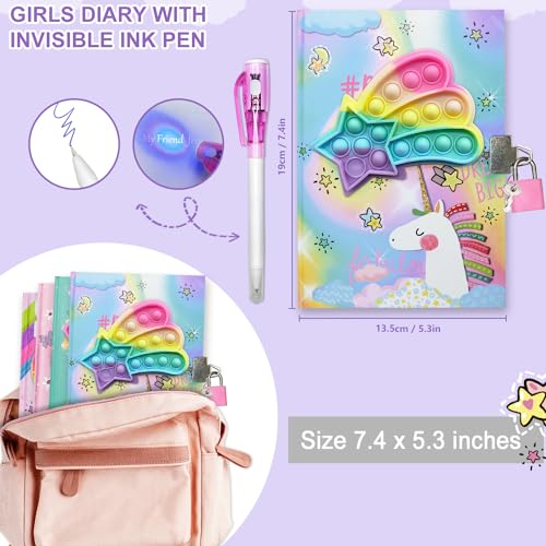 GINMLYDA Pop Girls Diary with Lock and Invisible Ink Doubleend Pen 75x54 Inches 160 Lined Pages Fidget Unicorn Girls Journal for Kids Secret Notebook Pen Set Birthday Gifts for Girls 5 6 7 8 9 10 Years Old - Image 5