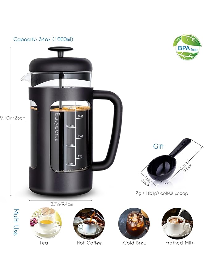 erorex French Press 1000Ml Coffee Tea Maker With Borosilicate Glass Non Slip Soft Grip Handle  - Image 2