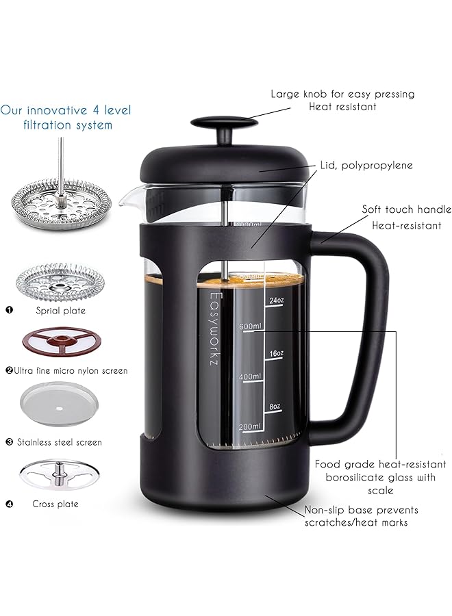 erorex French Press 1000Ml Coffee Tea Maker With Borosilicate Glass Non Slip Soft Grip Handle  - Image 3