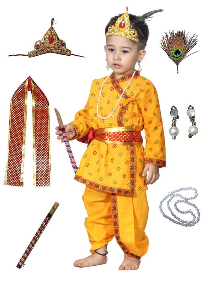 Kaku Fancy Dresses Cotton Krishna Costume For Kids|For Janmashtami/Kanha/Krishnaleela/Mythological Character Krishna Fancy Dress Costume For Boys/Girls - Yellow (2-3 Years) - Image 1