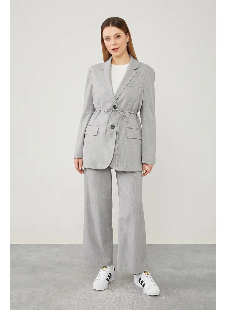 ليفيدور Gray Waist-Tie Striped Trouser Suit