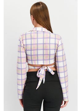Asos Design Women Jersey Sluit Summer Check Wrap Crop Blazer, Purple Combo  - Image 4