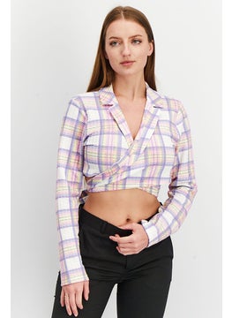 Asos Design Women Jersey Sluit Summer Check Wrap Crop Blazer, Purple Combo  - Image 1