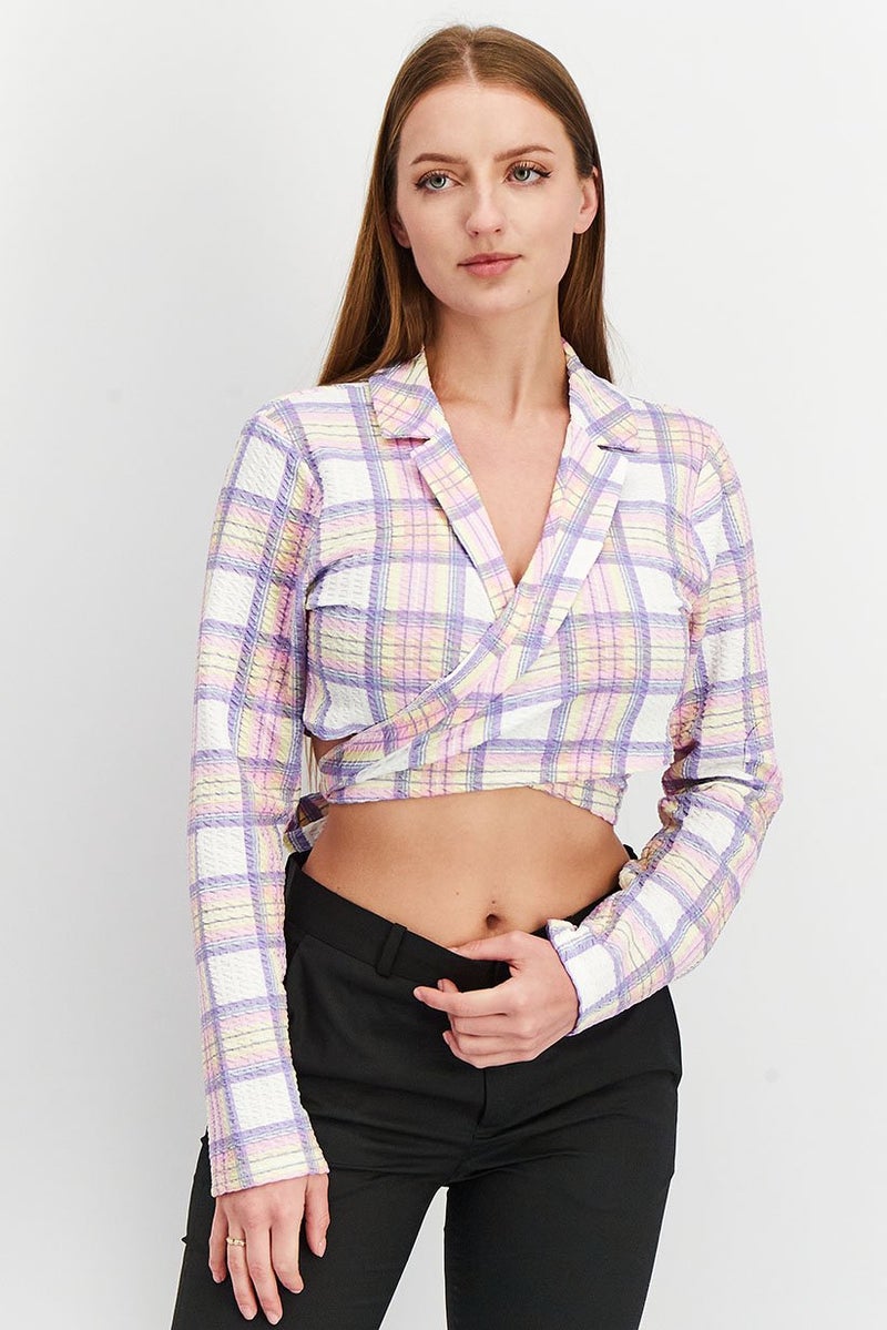 Women Jersey Sluit Summer Check Wrap Crop Blazer, Purple Combo