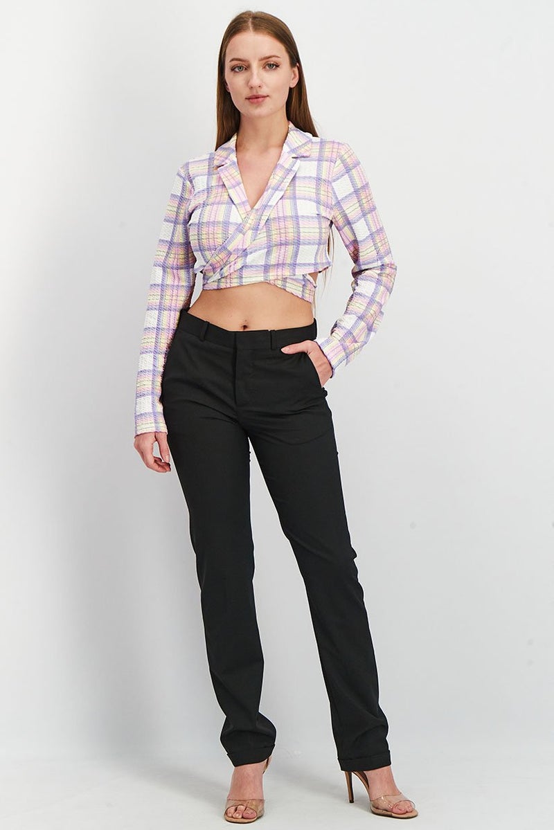 Women Jersey Sluit Summer Check Wrap Crop Blazer, Purple Combo