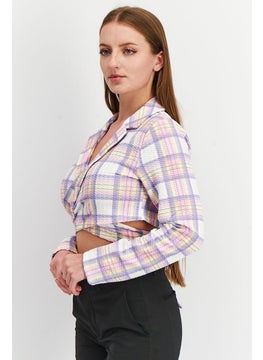 Asos Design Women Jersey Sluit Summer Check Wrap Crop Blazer, Purple Combo  - Image 2
