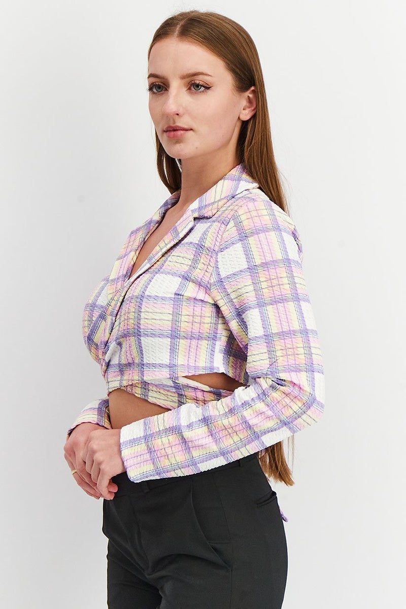 Women Jersey Sluit Summer Check Wrap Crop Blazer, Purple Combo