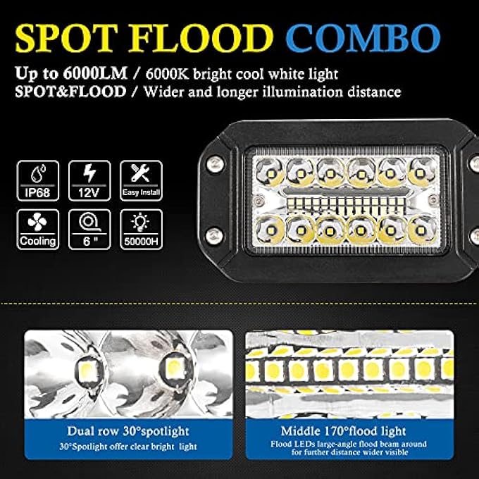 BUNKER INDUST Flush Mount Led Light Pods 2Pcs 6 Inch Spot Flood Combo Beam 6000 Lm Triple Row Driving Off Road Light Bar Waterproof Led Work Light For Golf Cart Trucks Tractor Suv 4X4 Atv Utv - Image 3