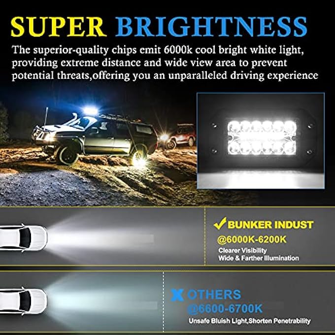 BUNKER INDUST Flush Mount Led Light Pods 2Pcs 6 Inch Spot Flood Combo Beam 6000 Lm Triple Row Driving Off Road Light Bar Waterproof Led Work Light For Golf Cart Trucks Tractor Suv 4X4 Atv Utv - Image 4
