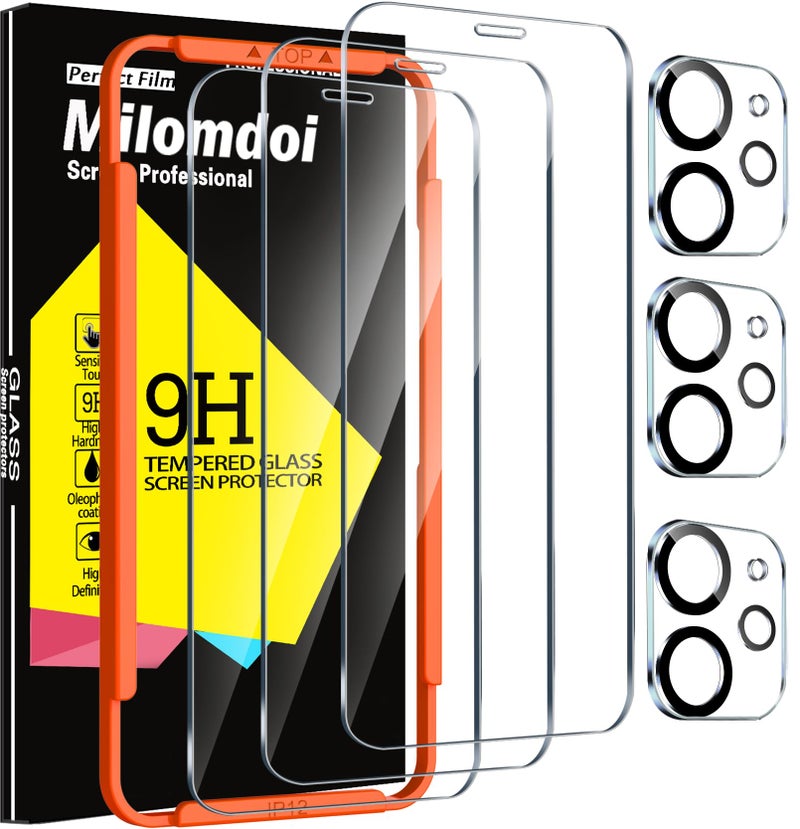 Milomdoi 3 Pack Screen Protector for Apple iPhone 12 with 3 Pack Tempered Glass Camera Lens Protector, Ultra 9H Accessories, Case Friendly, Mounting Frame, 2.5D Curved, Transparent - Image 1