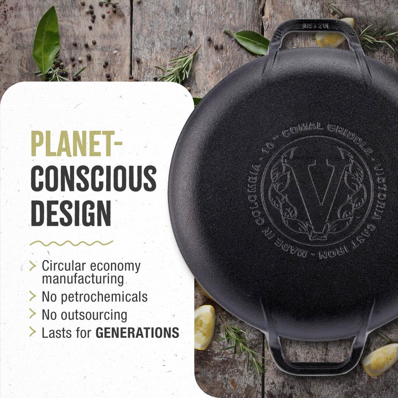 Victoria 10-Inch Cast Iron Comal Pizza Pan with 2 Side Handles, Preseasoned with Flaxseed Oil, Made in Colombia, Black - Image 5