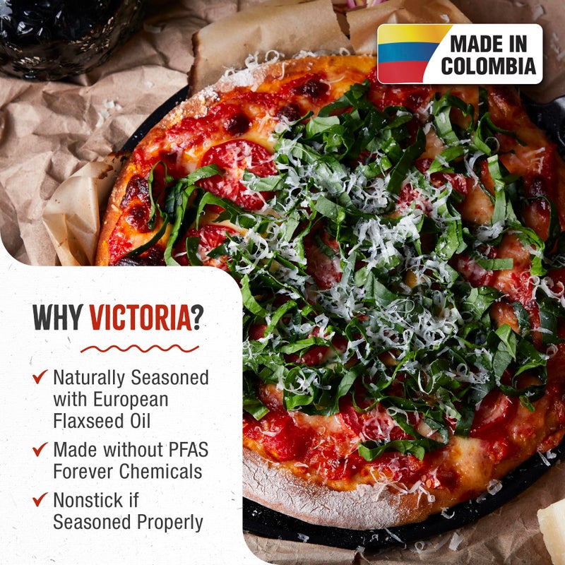 Victoria 10-Inch Cast Iron Comal Pizza Pan with 2 Side Handles, Preseasoned with Flaxseed Oil, Made in Colombia, Black - Image 2