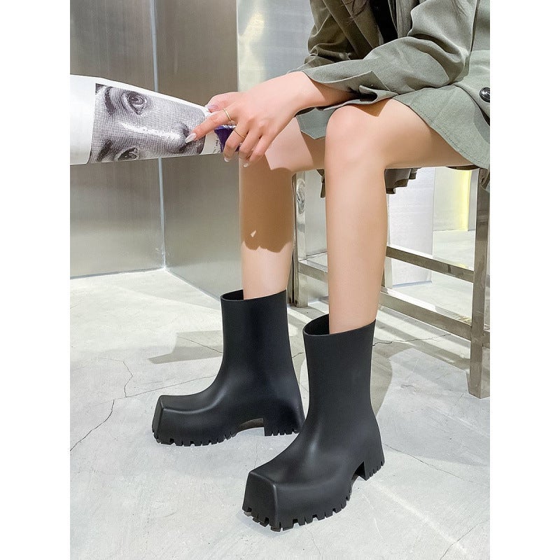 Rain Boots Ins High Color Value Square Toe Boots Net Infrared Wear Tube Waterproof All-Match Thick Bottom Heightening Short Tube Non-Slip Summer - Image 5