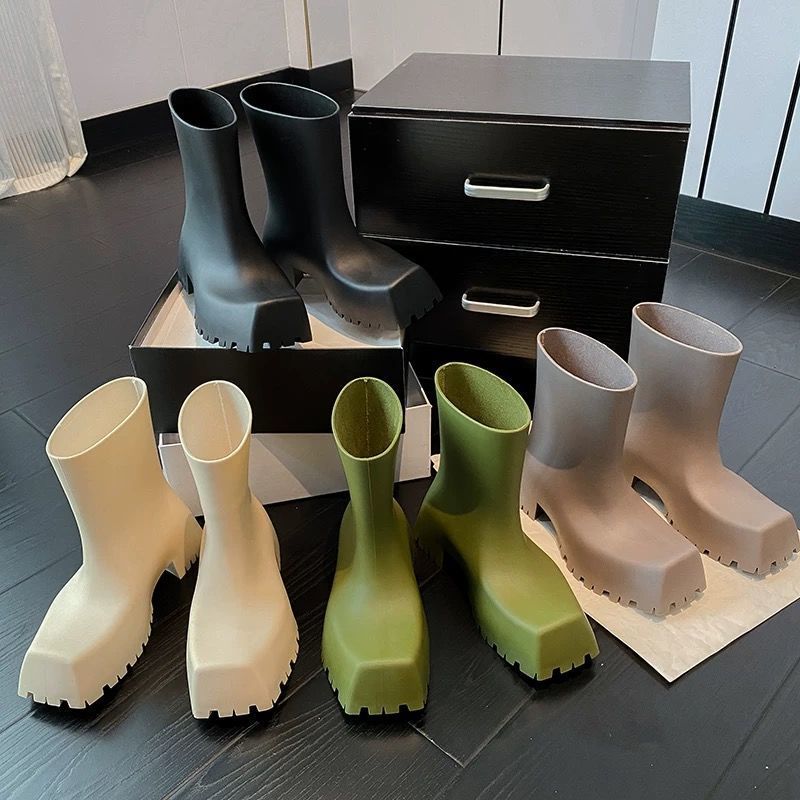 Rain Boots Ins High Color Value Square Toe Boots Net Infrared Wear Tube Waterproof All-Match Thick Bottom Heightening Short Tube Non-Slip Summer - Image 2