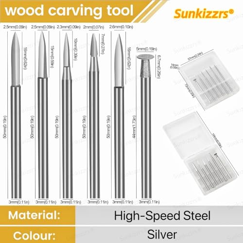 Sunkizzrs® 6-Pcs Wood Carving Drill Bits Set 3mm Round Shank —Detail Carving Bits —HSS Engraving Drill for Dremel —DIY Crafts Rotary Tool for Grinding/Polishing/Micro Sculpture (Needle Tips Set) - Image 2