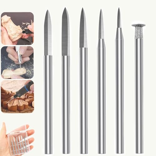 Sunkizzrs® 6-Pcs Wood Carving Drill Bits Set 3mm Round Shank —Detail Carving Bits —HSS Engraving Drill for Dremel —DIY Crafts Rotary Tool for Grinding/Polishing/Micro Sculpture (Needle Tips Set) - Image 1