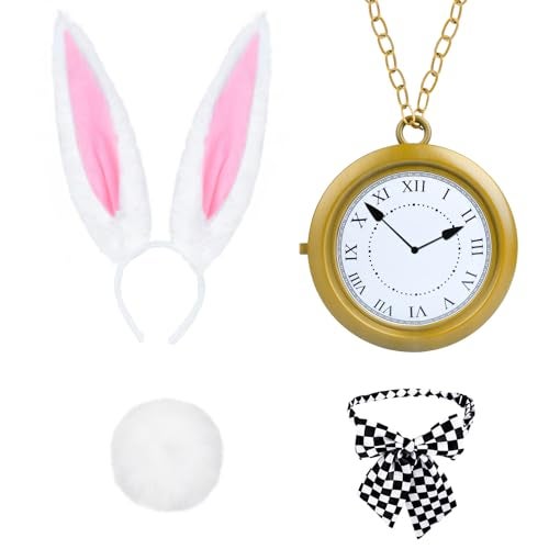 ZIZWO 4 PCS White Rabbit Costume AccessoriesBunny Ears Headband and Tail Bow Tie Clock Necklace for Adult Kids Easter Halloween Dress Up - Image 1